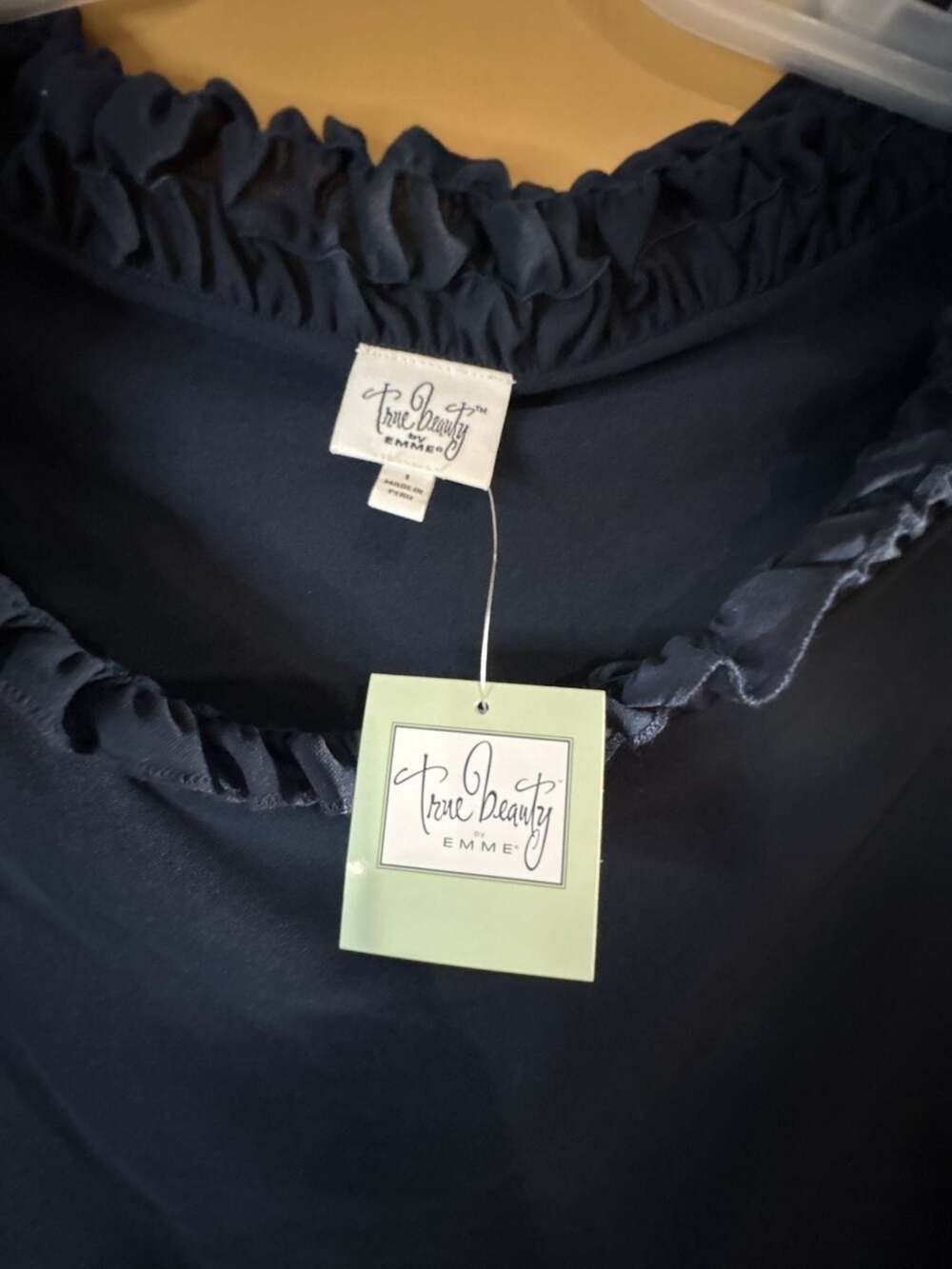 HC1078. True Beauty by Emme Navy Blue Ruffled Neck Long Sleeve Top